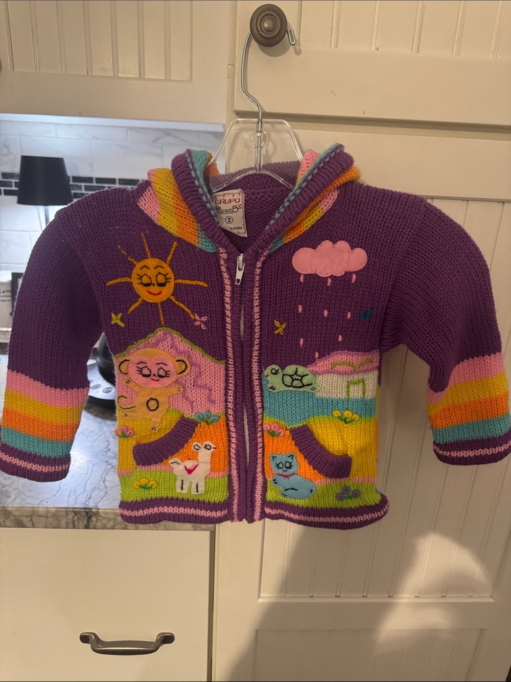 Kids Hooded Zip-Up Knit Jacket with Animal Appliqués - Purple